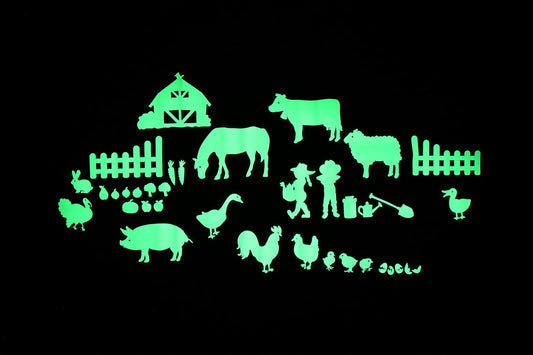 GLOPLAY On The Farm Series (36pcs/Pack), Glow in The Dark Educational Wall Stickers, The Eco-Friendly and Brightest Wall Stickers for Ceiling, Bathtime, Bedroom, Party, Decor, Made in Japan