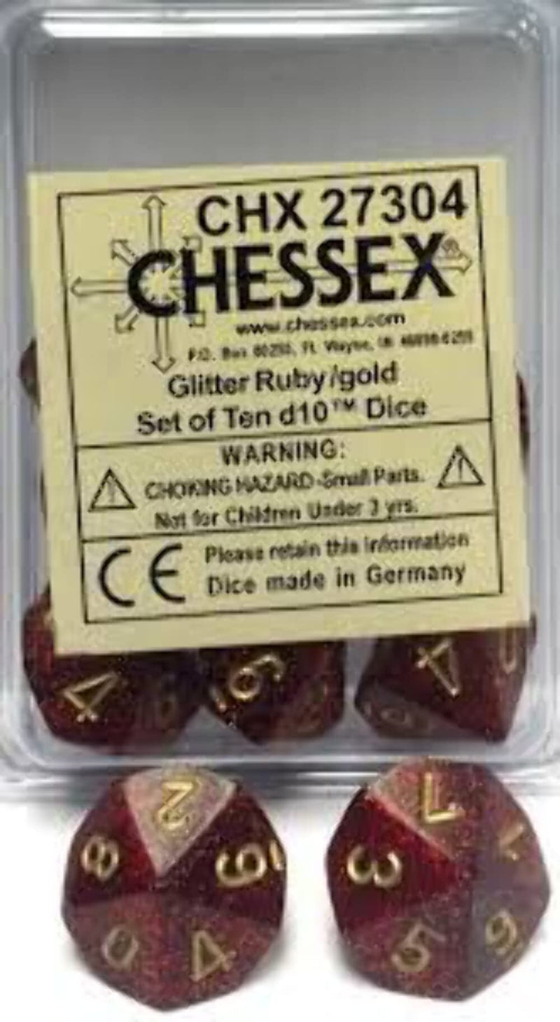 DND Dice Set-Chessex D&D Dice-16mm Glitter Ruby and Gold Plastic Polyhedral Dice Set-Dungeons and Dragons Dice Includes Glitter: 10D10 Ruby/Gold Various