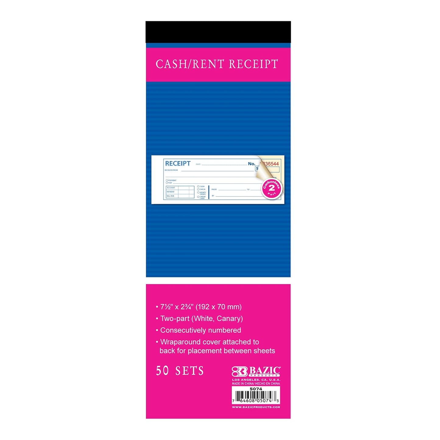 BAZIC 50 Sets 7 1/2" x 2 3/4" 2-Part Carbonless Cash Money or Rent Receipt Book, White & Canary, Bound Wraparound Cover, Business Store Retail (50 sets/pack)