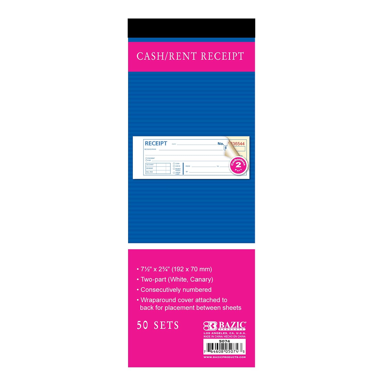 BAZIC 50 Sets 7 1/2" x 2 3/4" 2-Part Carbonless Cash Money or Rent Receipt Book, White & Canary, Bound Wraparound Cover, Business Store Retail (50 sets/pack)
