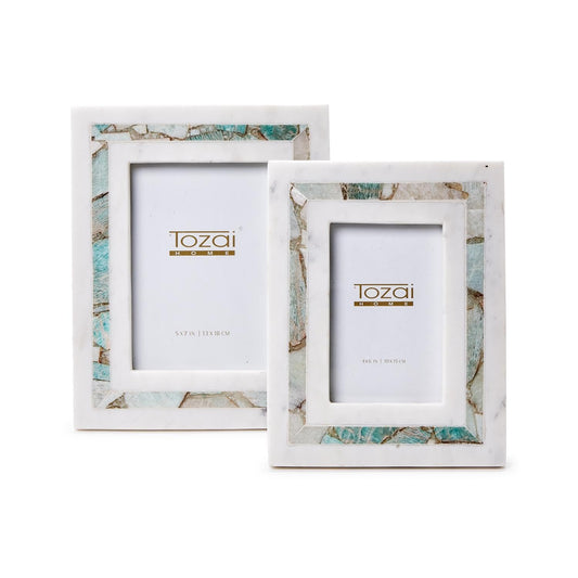 Two's Company Amazonite Inlay Set of 2 White Marble Photo Frame in Gift Box - Genuine Amazonite/MDF/Marble/Glass