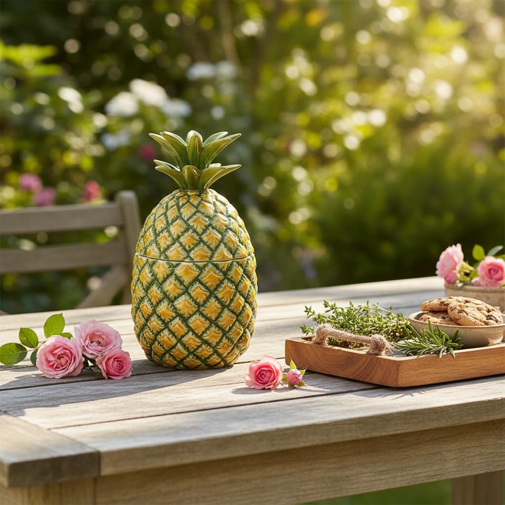 Comfy Hour Farmhouse Home Decor Collection 9" Pineapple Storage Jar Candy Jar Cooky Jar Cookie Jar with Lid, Green and Yellow, Dolomite
