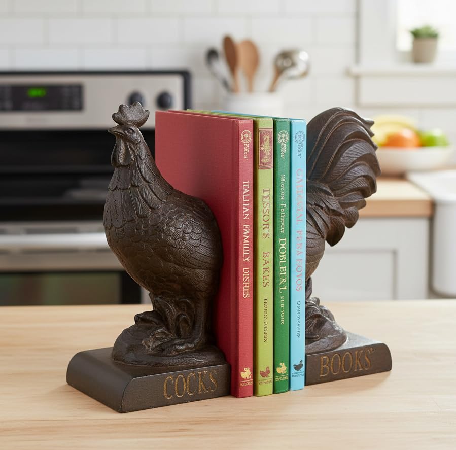 Comfy Hour Farmhouse Home Decor Collection 9" Length 6" Height Set 2 Rooster Design Bookends Art Bookend, 1 Pair, Antique Style, Heavy Weight, Rusty Effect, Polyresin