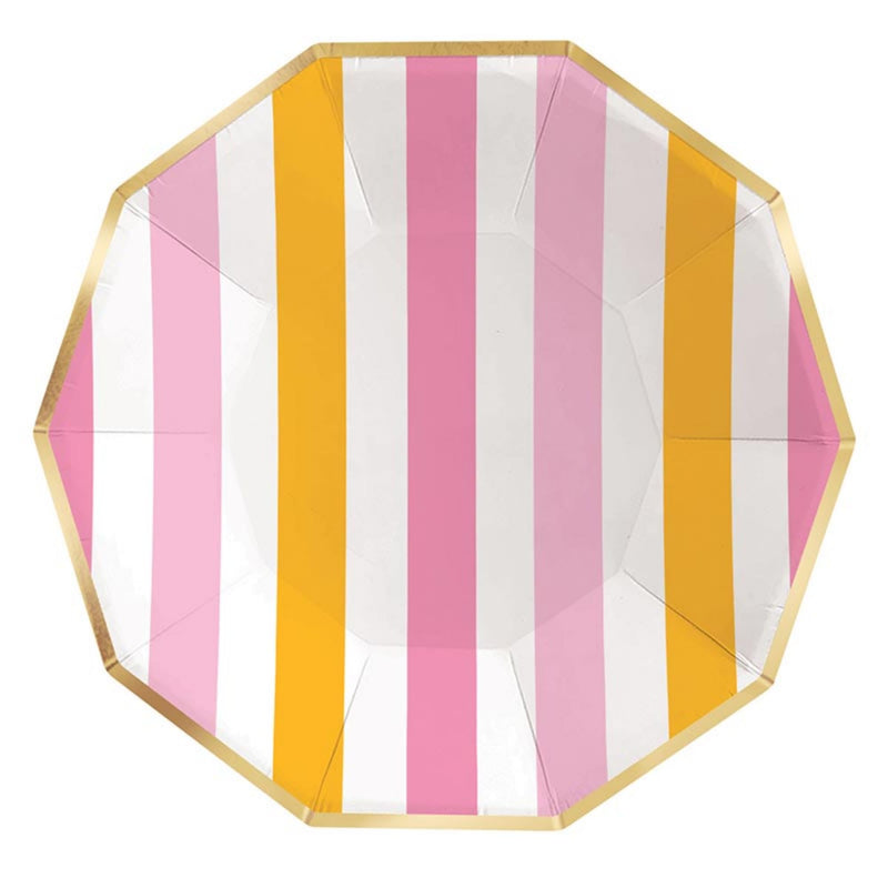 Slant Collections 8-Count Disposable Dinner Size Decagon Paper Plates, 9-Inch, Cabana Stripe