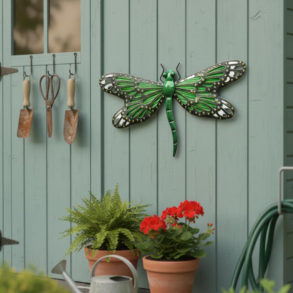 Comfy Hour Travel on Wings Collection 12" Metal Art Dragonfly Wall Decor Green