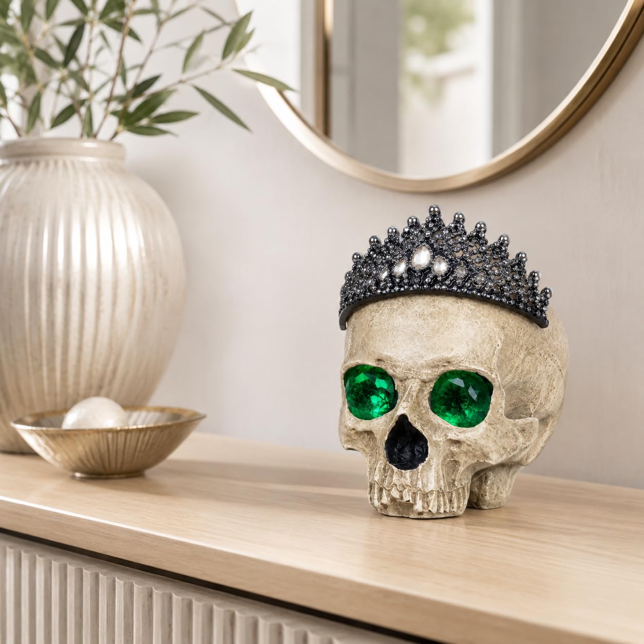 Comfy Hour Fairyland Collection Resin Horrific Human Skull Head Bone Wearing Crown with LED Light in Eyes Statue, Halloween Accent Decor, Polyresin