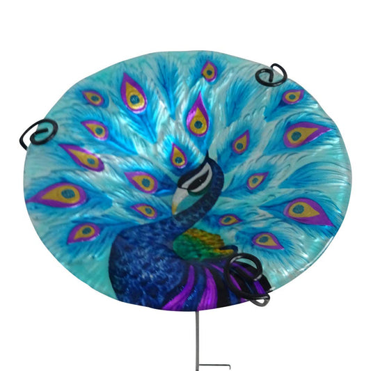 Comfy Hour Peacock Decor Collection 28" Peacock Glass Top Birdbath Birdfeeder Metal Art Garden Stake
