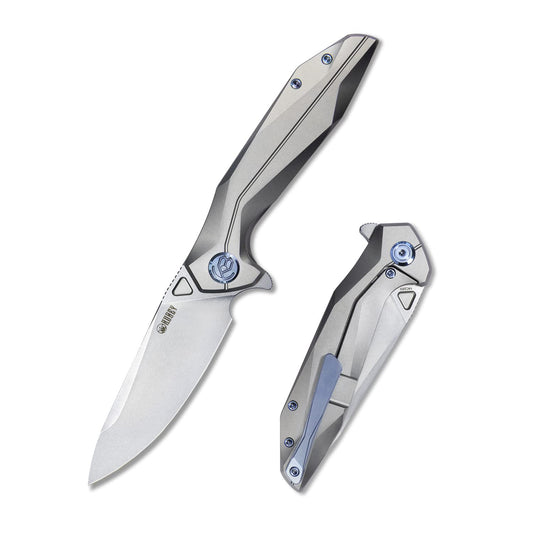 KUBEY Nova KB235 Pocket Knife, Every Day Carry Folding Knife Tool with 3.7-Inch Drop Point Blade and Titanium Handle with Frame Lock for Hiking Hunting and Survival (Gray - Sand Blast)