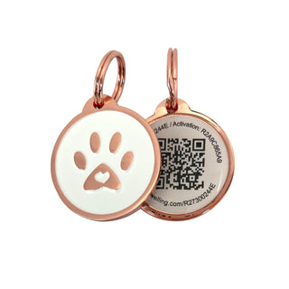 Pet Dwelling 2D QR Code Pet ID Tag - Dog Tags - Cat Tags - Online Pet Profile - Instant Email Alert of Scanned QR Tag Location(Rose Gold White Paw)