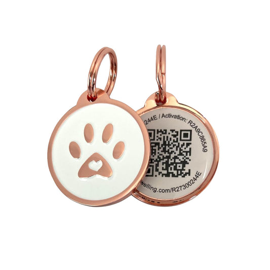 Pet Dwelling 2D QR Code Pet ID Tag - Dog Tags - Cat Tags - Online Pet Profile - Instant Email Alert of Scanned QR Tag Location(Rose Gold White Paw)