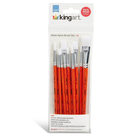 KINGART White, Set of 12 Nylon Brushes, 12 Piece