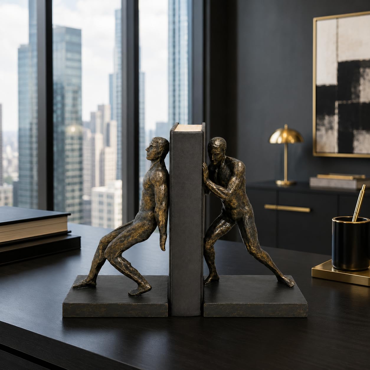 Comfy Hour Farmhouse Home Decor Collection Resin Set of 2 Gymnastic Men Bookends Art Bookends Solid Heavy Weight, Black