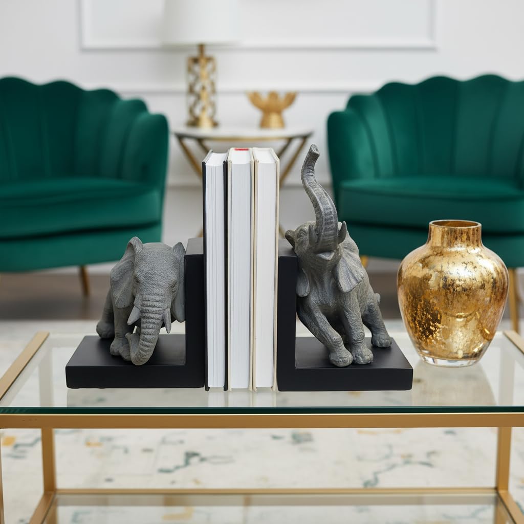 Comfy Hour Our Cute Elephant Friends Collection 12" Length 10" Height Set 2 Elephants Bookends Art Bookend, 1 Pair, Gray and Black, Polyresin