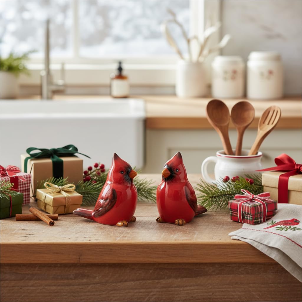 Comfy Hour Farmhouse Home Decor Collection 2.4" Two Red Feather Cardinals Salt and Pepper Bottle Dolomite Figurine, Set of 2, Red