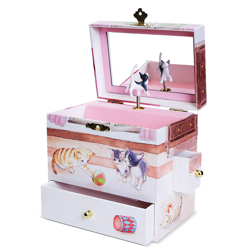 Enchantmints Curious Kittens Musical Jewelry Box Cat Spins to Ode to Joy 3 Pullout Drawers Treasure Storage