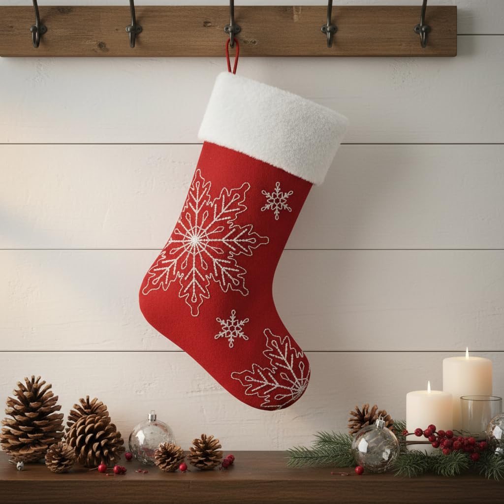Comfy Hour Winter Holiday Home Collection 18"x11" Christmas Winter Snowflake Stocking, Red, Polyester