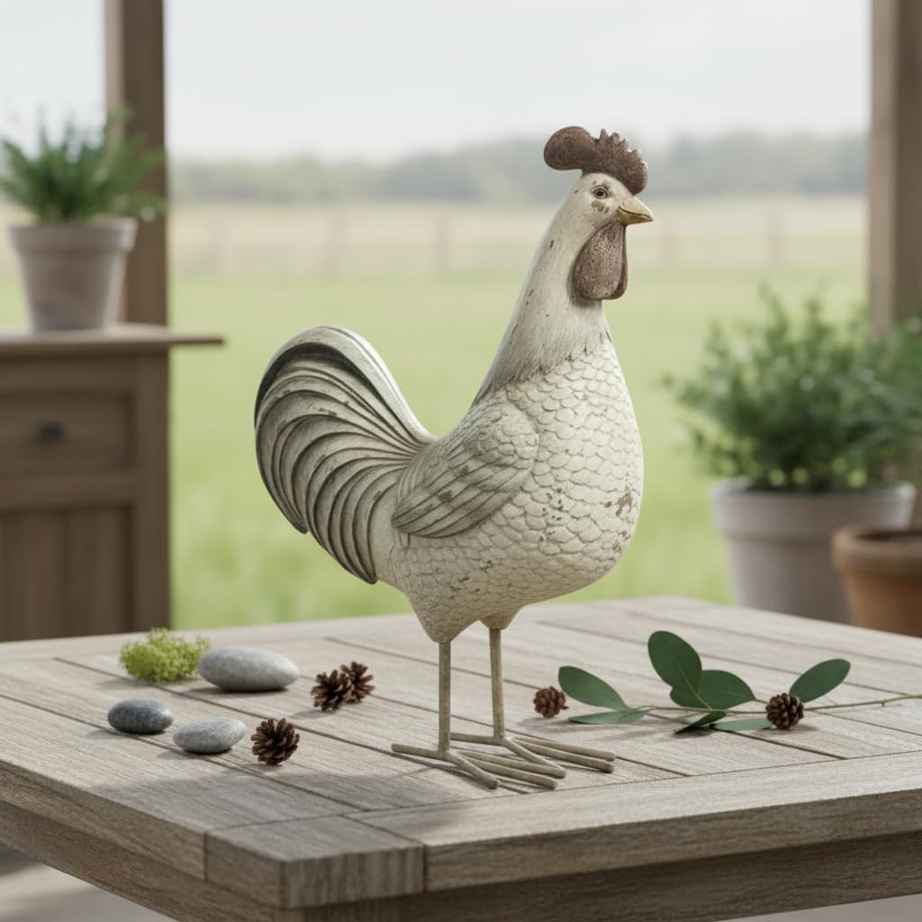 Comfy Hour Farmhouse Home Decor Collection 10" Countryside Standing Chicken Cock Rooster Figurine Farm Animal Statue, Grey Beige, Polyresin Decor