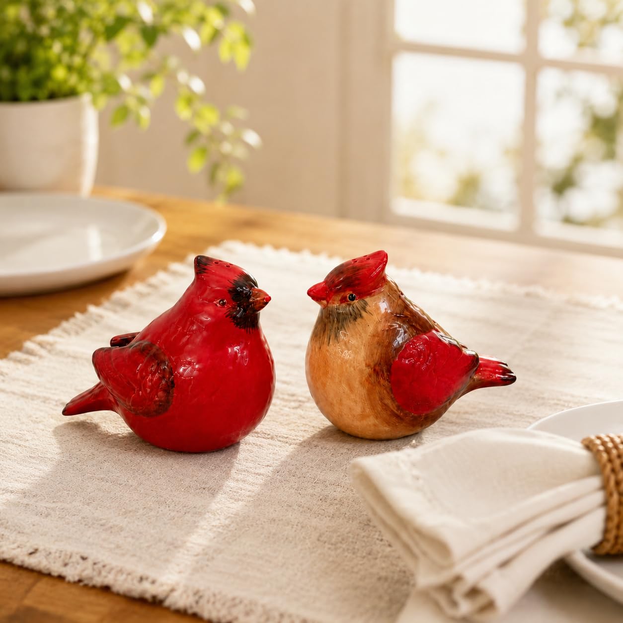 Comfy Hour Farmhouse Collection 3" Two Red Feather Cardinals Salt and Pepper Bottle Stoneware Figurine, Set of 2