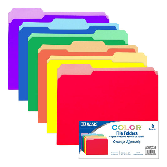 BAZIC 1/3 Cut Letter Size Manila File Assorted Color Folder, Tabs Left Right Center Positions Holders, Easy Organize Storage Files Document, Office Home Teacher Business (6/Pack), 1-Pack
