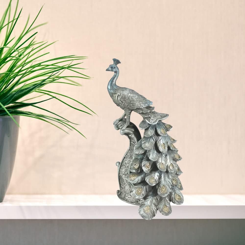 Comfy Hour Peacock Decor Collection 13" Decorative Peacock Standing On Pillar Figurine, Blue Silvery, Collectable, Sequined Twinkling On Feather, Polyresin