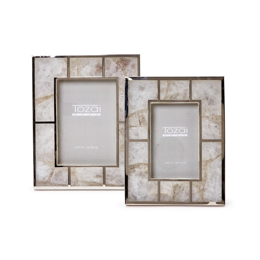 Two's Company White Quartz Set of 2 Photo Frame with Nickel Trim in Gift Box - Genuine White Quartz/MDF/Glass/Brass/Nickel Plated