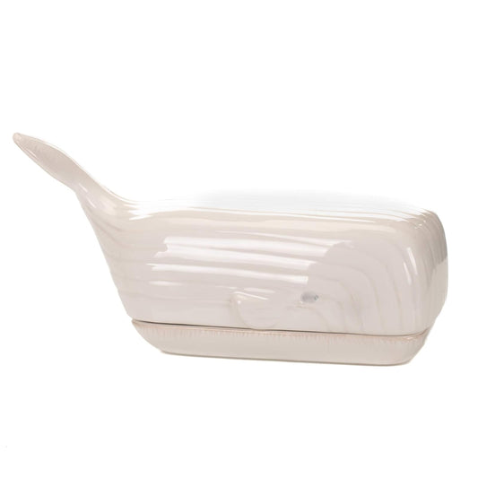 Drew Derose Nautical Whale Glossy White 9 x 4 Ceramic Butter Dish With Lid