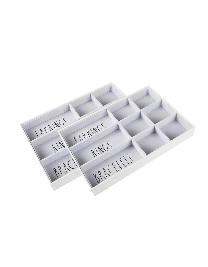 Rae Dunn Jewelry Tray - Jewelry Drawer Organizer - Set of 2 Stackable Jewelry Organizer Trays - Storage Box for Earring, Ring, Bracelet, Necklace - Stacking Insert for Drawers, Vanity Display - White