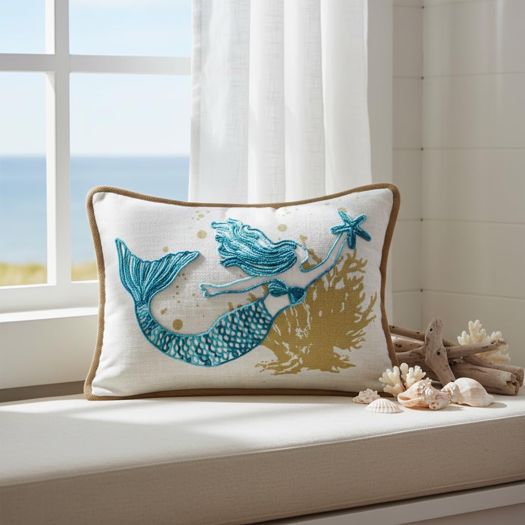 Comfy Hour 18 x 13 Inch Mermaid Pillow, Starfish Coastal Decor
