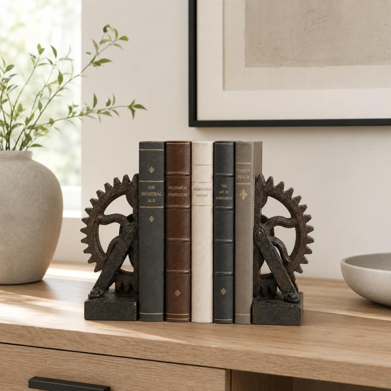 Comfy Hour Farmhouse Home Decor Collection Resin Set 2 Wheel Gear Bookends Art Bookends Solid Heavy Weight, Brown & Black