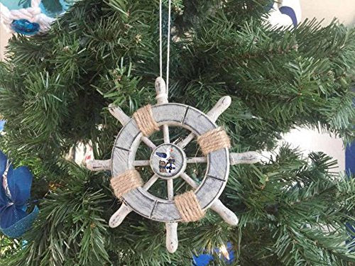 Hampton Nautical Rustic Decorative Ship Wheel with Seagull Christmas Tree Ornament 6" - Xmas De