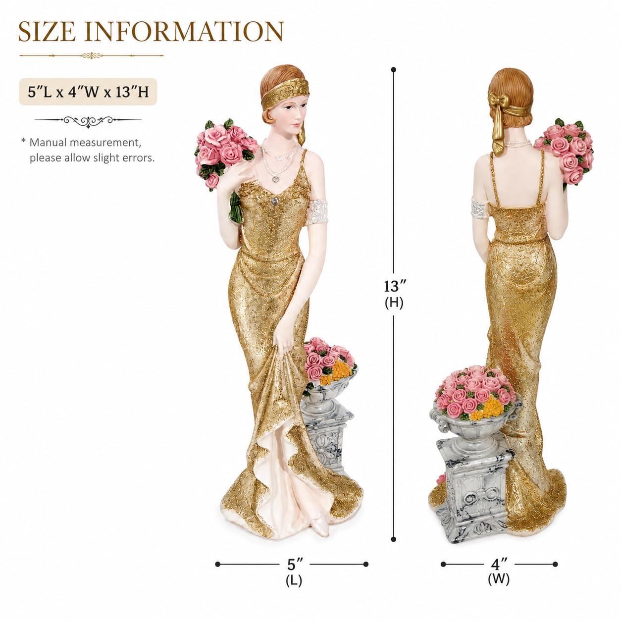 Comfy Hour 13 Inch Victorian Lady Figurine, Art Deco Gold Dress Statue