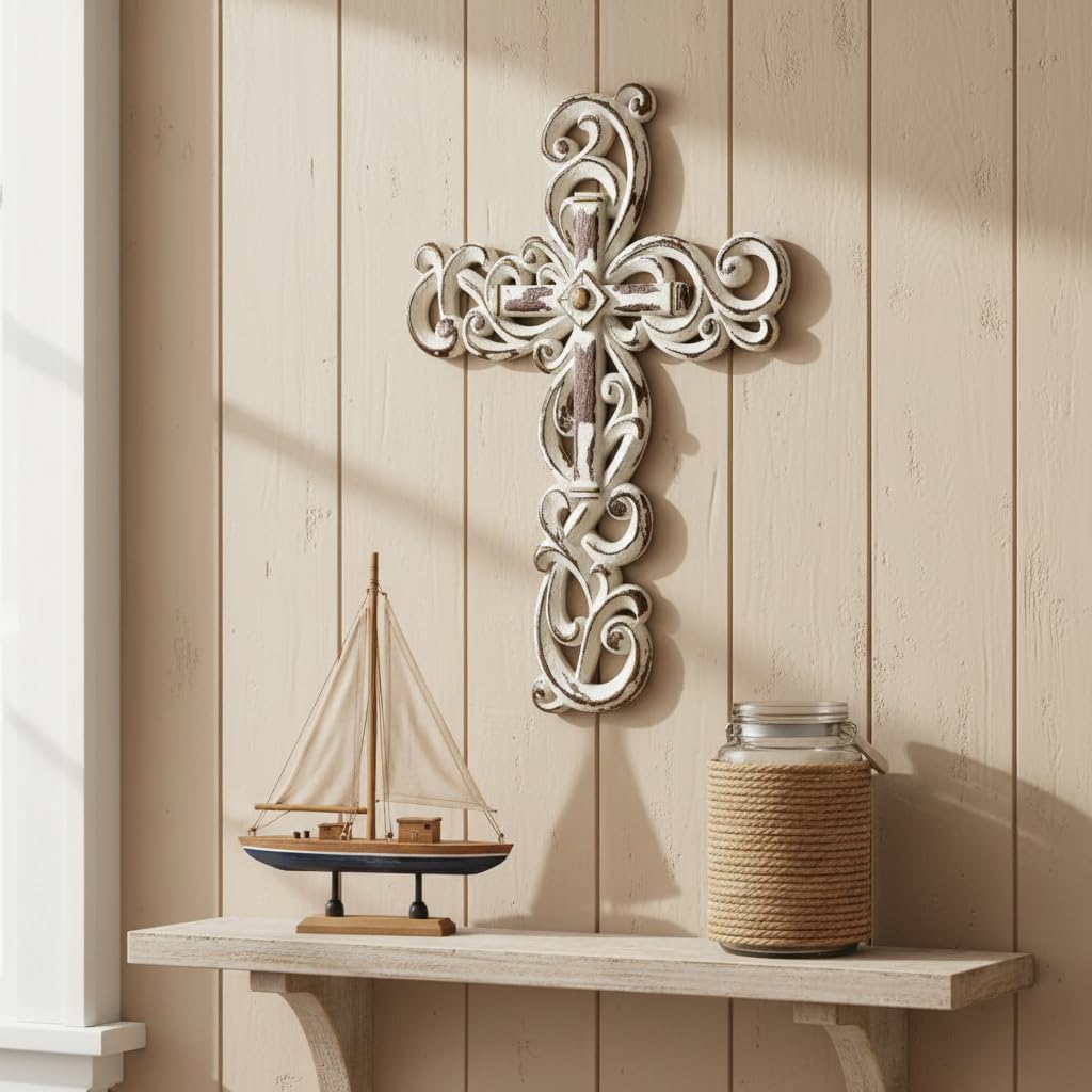 Comfy Hour Cross Wall Hanging, White Wall Cross Decor