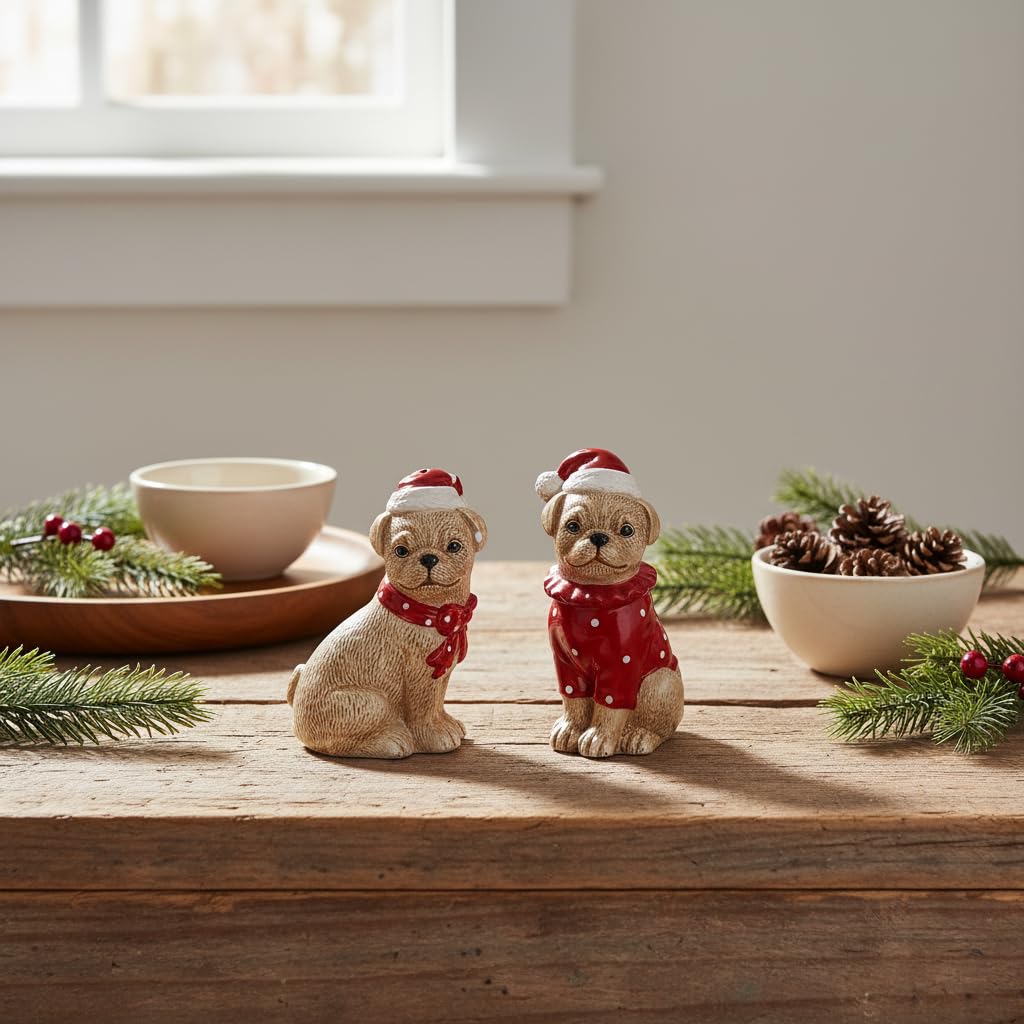 Comfy Hour Farmhouse Home Decor Collection Christmas Dog Friends Salt & Pepper Set, Brown & Red, Santa Hat, Holiday, Dolomite