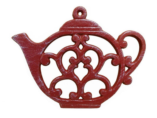 Hampton Iron Rustic Red Whitewashed Cast Iron Round Teapot Trivet 8" - Teapot Decoration -