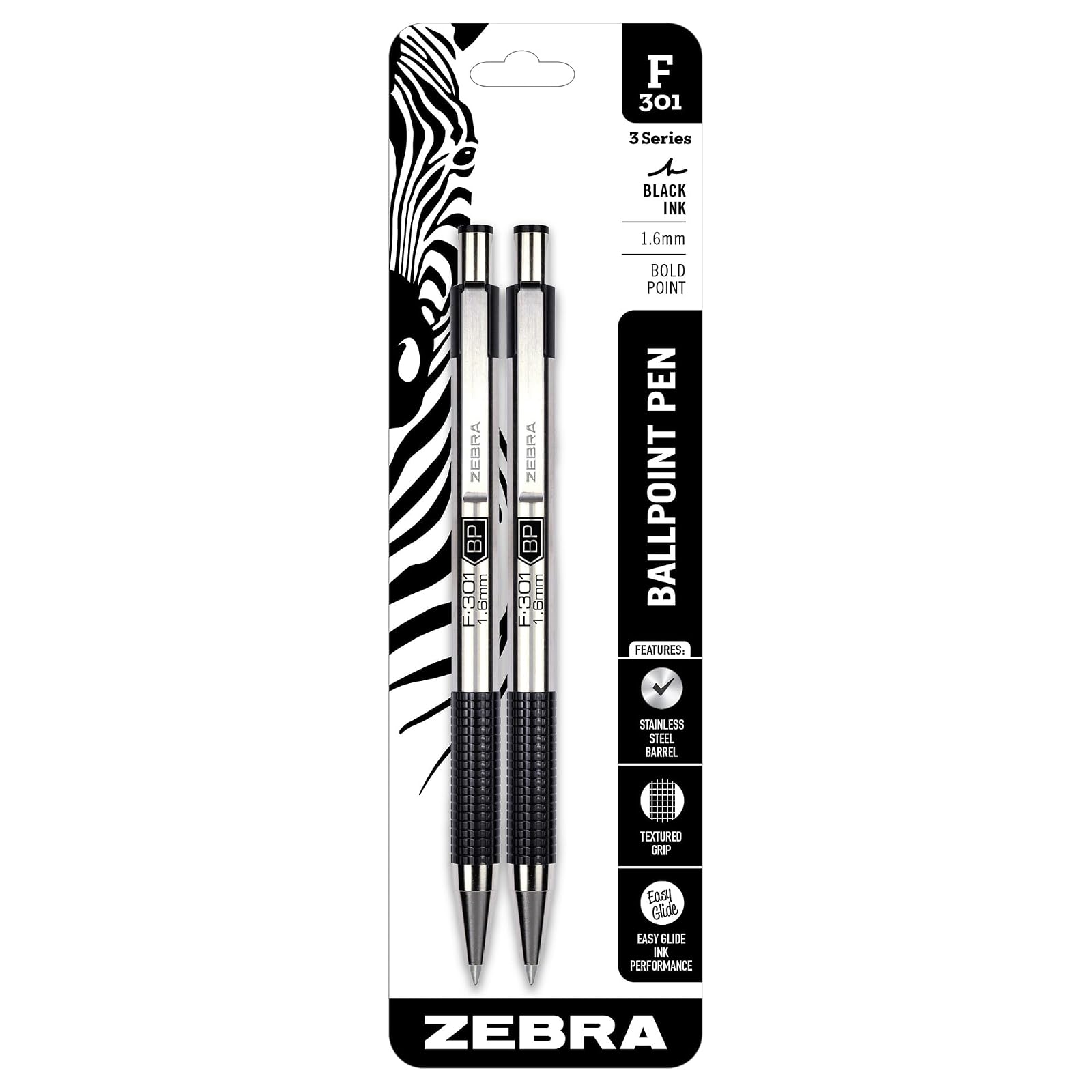 Zebra Pen F-301 Retractable Ballpoint Pen, Stainless Steel Barrel, Bold Point, 1.6mm, Black Ink, 2-Pack