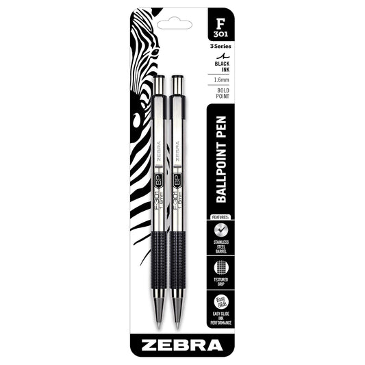 Zebra Pen F-301 Retractable Ballpoint Pen, Stainless Steel Barrel, Bold Point, 1.6mm, Black Ink, 2-Pack
