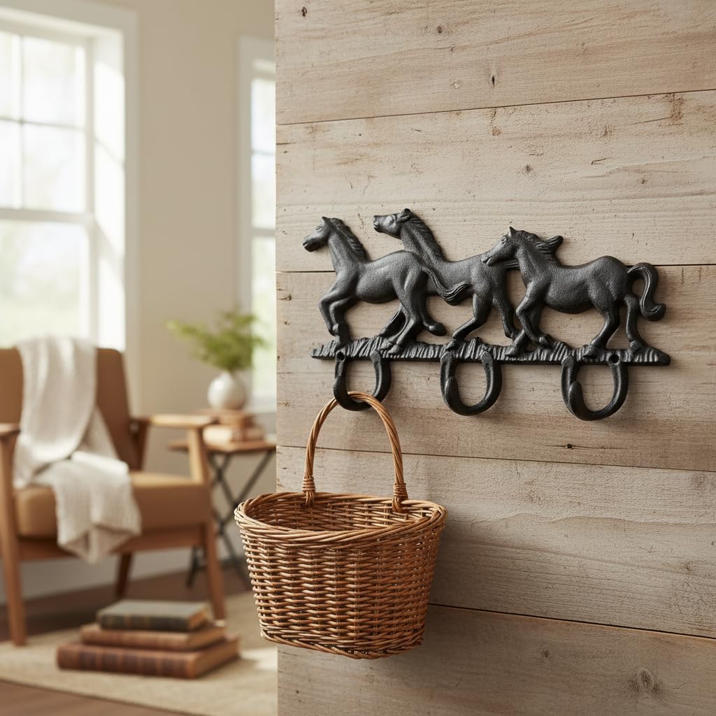 Comfy Hour Cast Iron Three Running Horse Triple Key Coat Hooks Wall Hanger Clothes Rack Set Heavy Duty Recycled