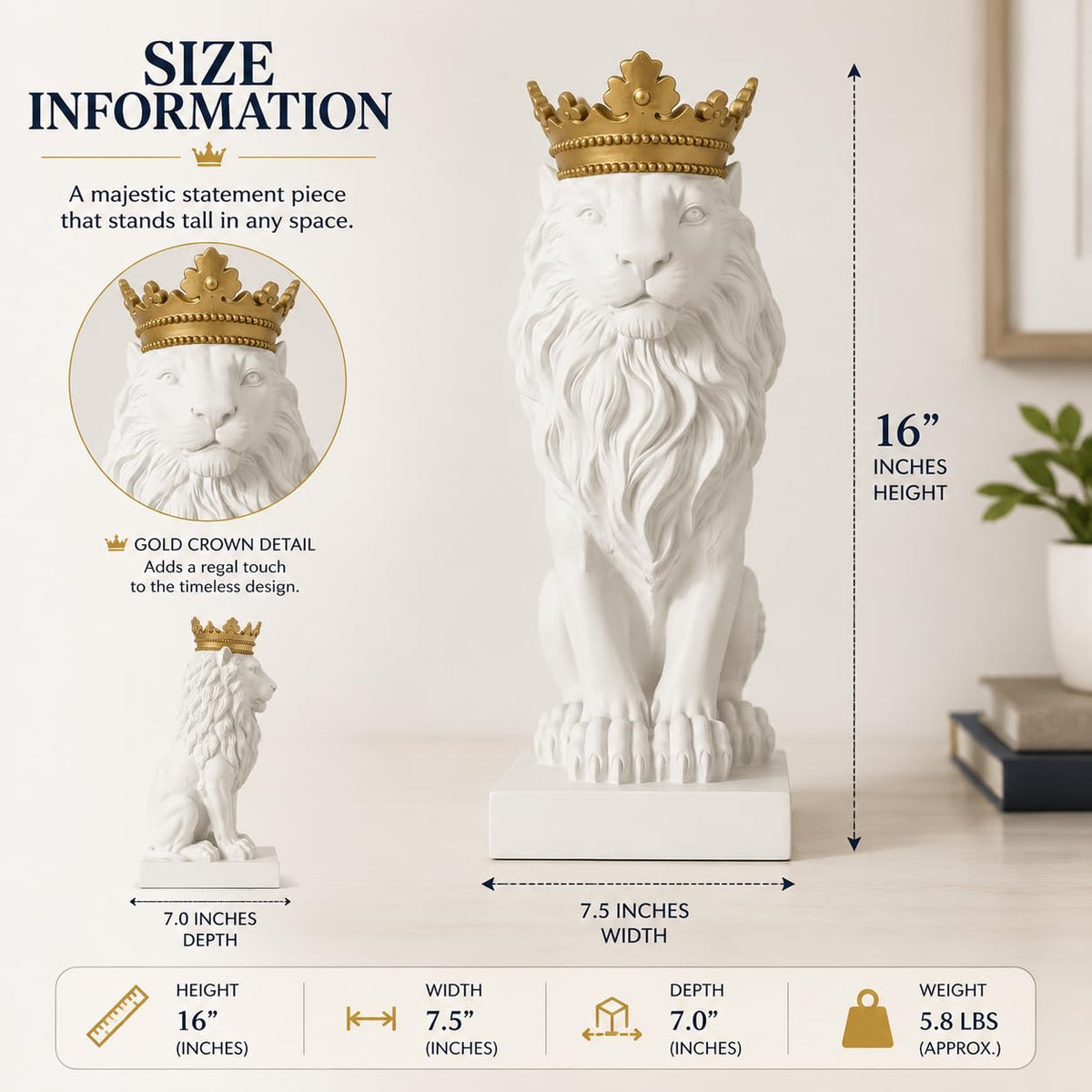 Comfy Hour Farmhouse Home Decor Collection 15" Resin Stone Lion Figurine King of Forest Statue Sculpture Home Decoration, White & Gold