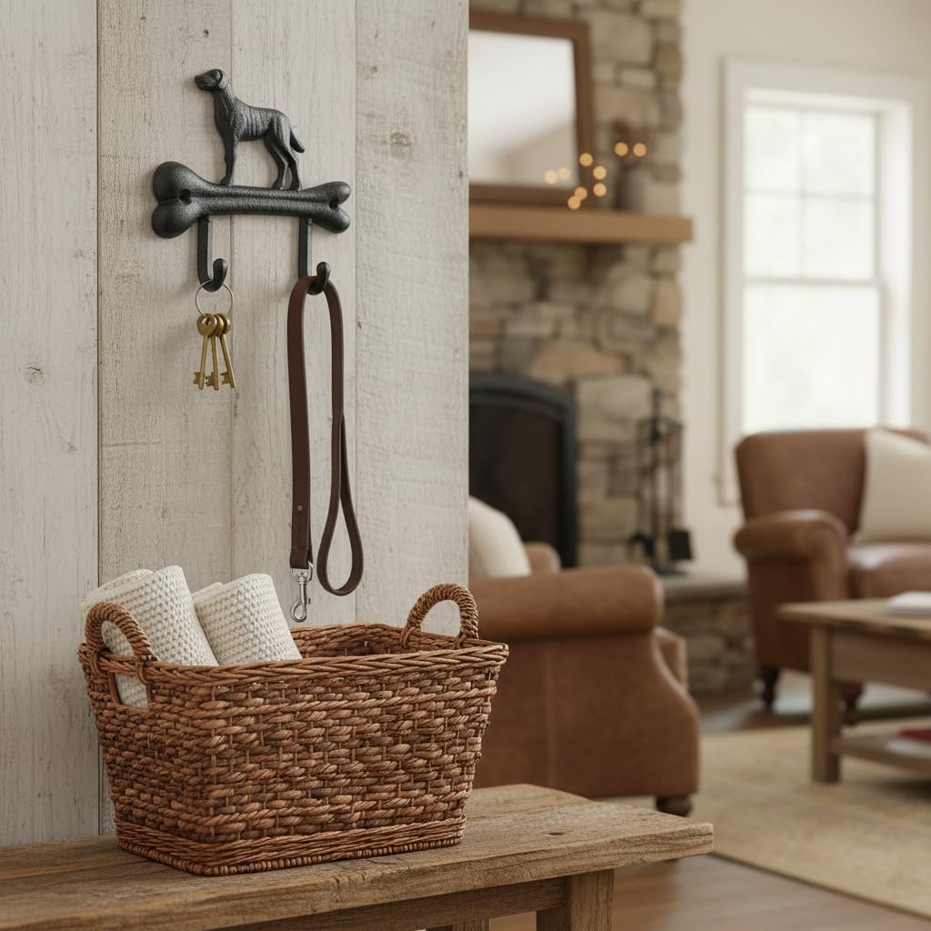 Comfy Hour Cast Iron Dog On Bone Double Key Coat Hooks Clothes Rack Wall Hanger, Heavy Duty Recycled