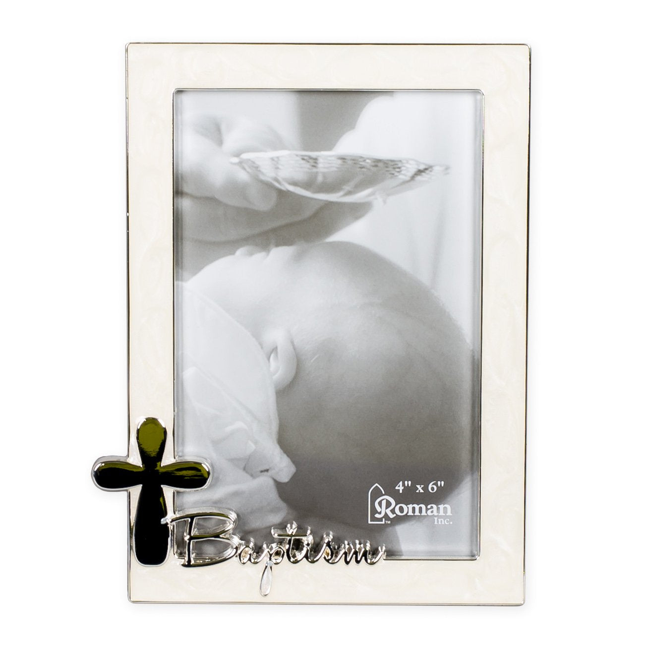 Roman Baptism Silver Finish Cross 4 x 6 Photo Pearl Trim Picture Frame
