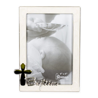 Roman Baptism Silver Finish Cross 4 x 6 Photo Pearl Trim Picture Frame