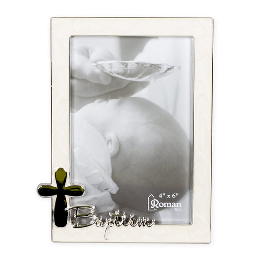 Roman Baptism Silver Finish Cross 4 x 6 Photo Pearl Trim Picture Frame