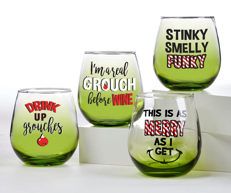 Giftcraft Grouch Stemless Wine Glass with Sentiment, 16 Ounces, Set of 4