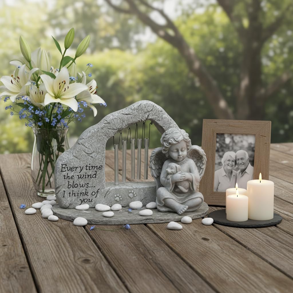 Comfy Hour Pet In Loving Memory Collection Resin Memorial Stone Windchime Dog and Angel Pet Statue, Faithful Memory of Dog's Bereavement