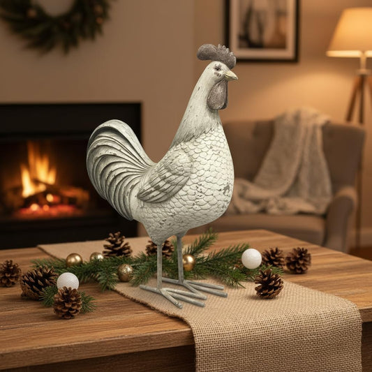 Comfy Hour Farmhouse Home Decor Collection 10" Countryside Standing Chicken Cock Rooster Figurine Farm Animal Statue, Grey Beige, Polyresin Decor