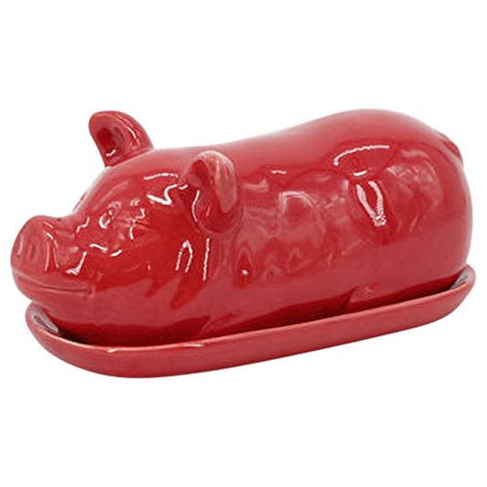 Drew Derose Farmyard Porky Pig Glossy Red 7 x 4 Ceramic Butter Dish With Lid