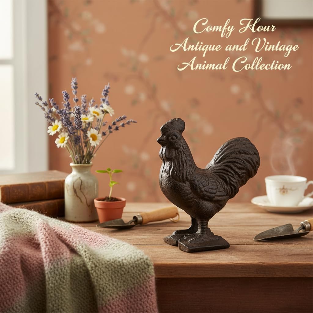 Comfy Hour Antique & Vintage Interior Decor Collection, Animal Edition Cast Iron Rooster Figurine, Indoor Outdoor Garden Decor, Brown
