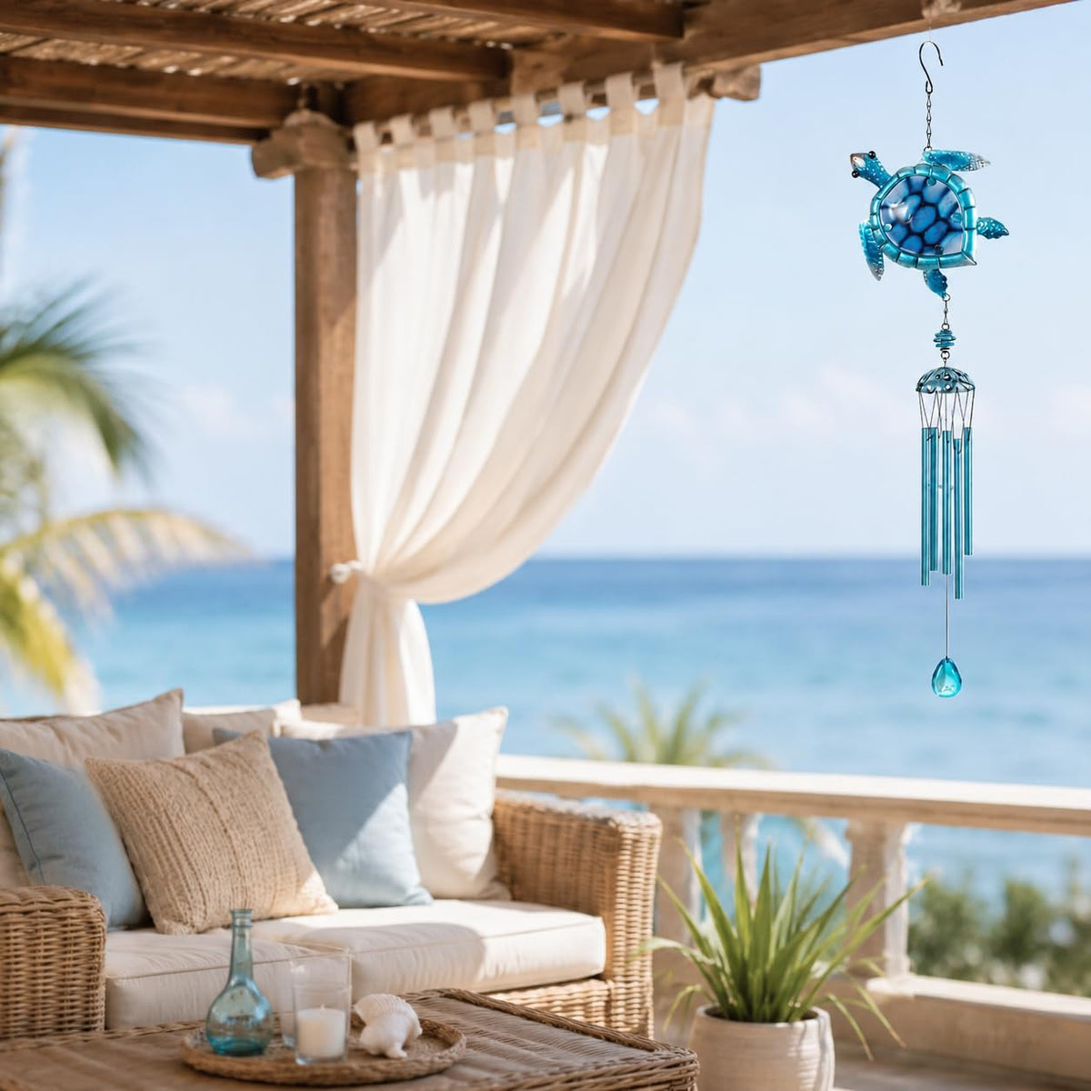 Comfy Hour Ocean Voyage with Sea Turtles Collection Metal Art 35" Turtle Ocean Wild Animal Windchime Hanging Windbell Blue