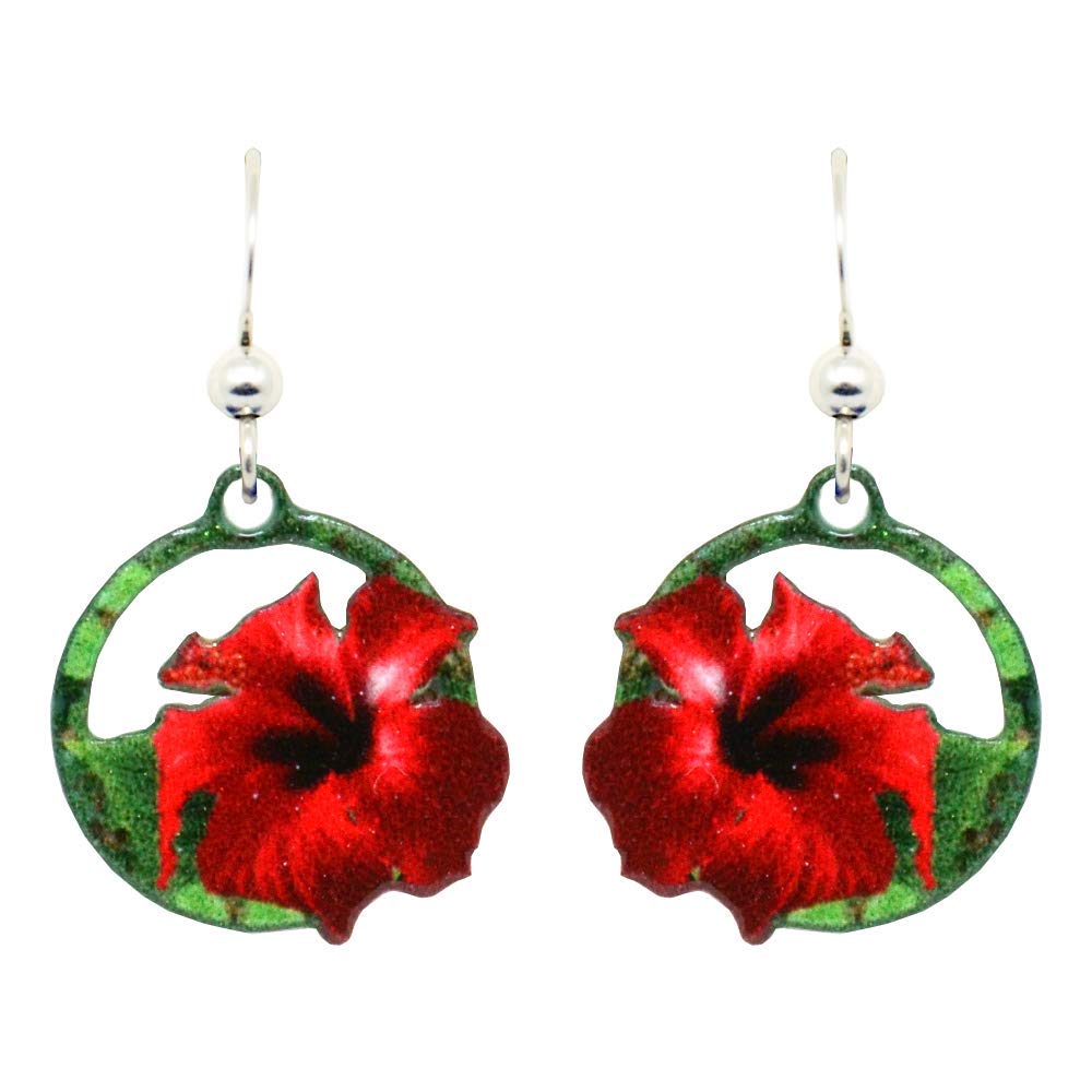 Red Hibiscus Earrings by d'ears Non-Tarnish Sterling Silver French Hook Ear Wire