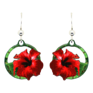 Red Hibiscus Earrings by d'ears Non-Tarnish Sterling Silver French Hook Ear Wire